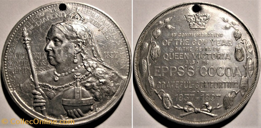 Victoria - 1897 Diamond Jubilee Medal - Epps's Cocoa, UK monnaie jeton mereaux victoria 1897 diamond jubilee medal epps cocoa uk