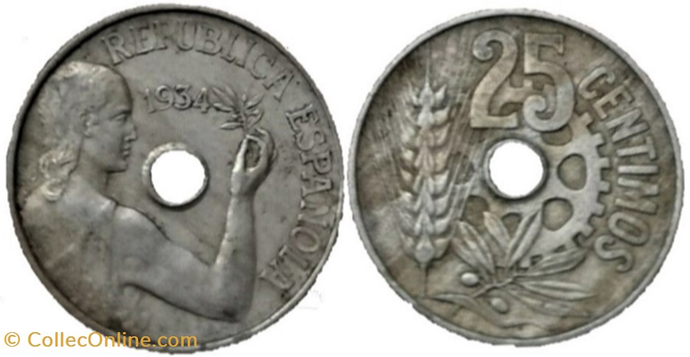 1934 - 25 Centimos - Second Republic of Spain monnaies monde espagne 1934 25 centimos second republic of spain