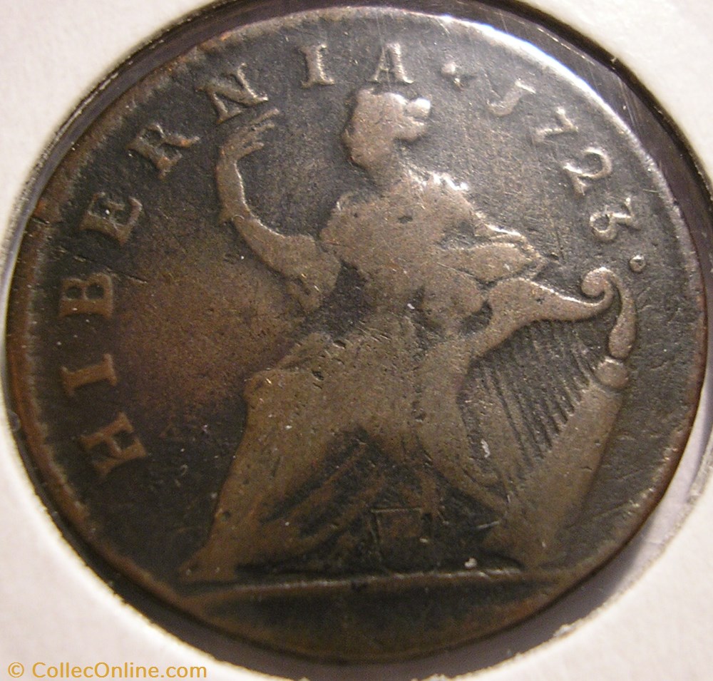 1723 Half Penny - Wood's Hibernia - George Ist (ex.4) monnaie monde irlande 1723 half penny woos hibernia george ist ex 4