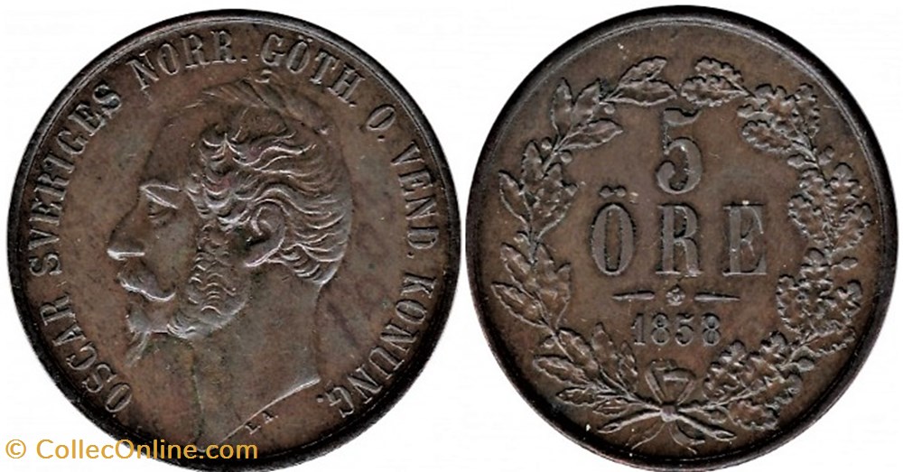 Sweden - Oscar I - 5 Öre 1858/7 monnaies monde suede sweden oscar i 5 ore 1858 7