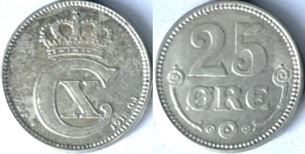 Christian X Denmark - 25 Øre 1918 monnaies monde danemark christian x denmark 25 re 1918