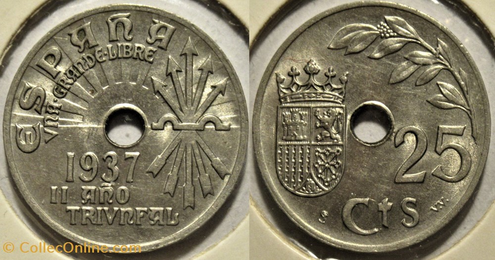 1934 Spain 25 Centimos - 2nd Triumphant Year, F. Franco monnaies monde espagne 1934 spain 25 centimos 2nd triumphant year f franco