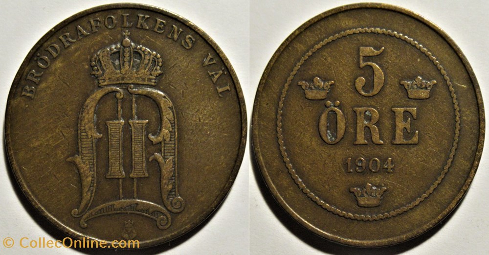 monnaies monde suede sweden oskar ii 5 ore 1904