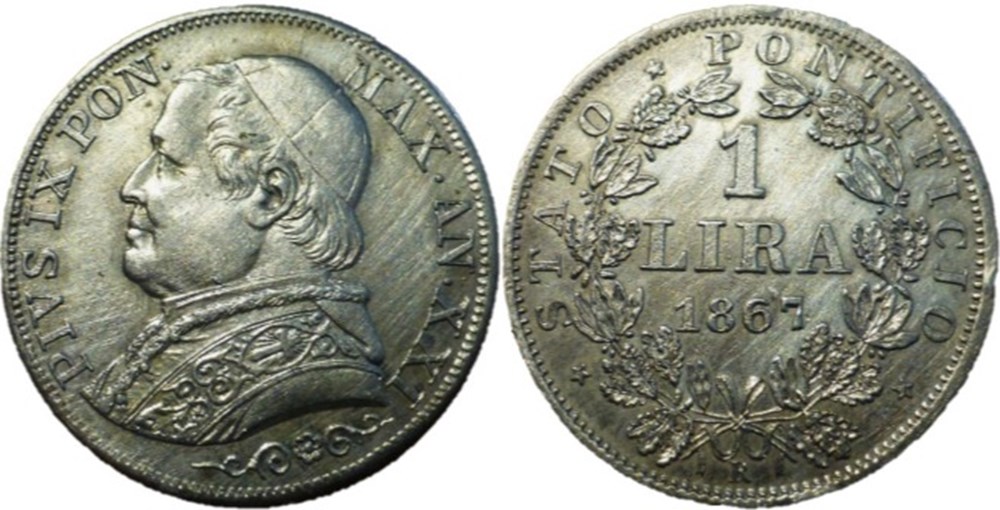 monnaies monde pio ix papa 1 lira 1867 anno xxi vaticano