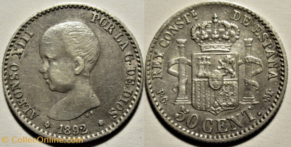 1892 - 50 Centimos - Alfonso XIII de España monnaies monde espagne 1892 50 centimos alfonso xiii de espana