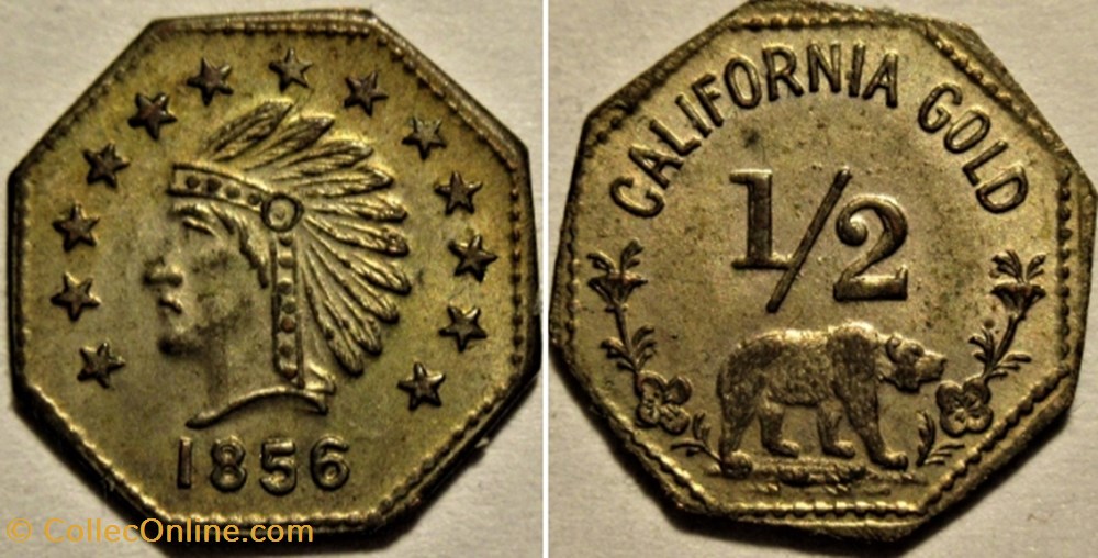 "California Gold" Half Dollar 1856 - Octagonal Token Indian & Bear monnaies jetons mereaux california gold half dollar 1856 octagonal token indian bear