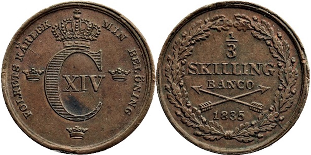 Sweden - Karl XIV Johan - 1/3 Skilling Banco 1835 monnaies monde suede sweden karl xiv johan 1 3 skilling banco 1835