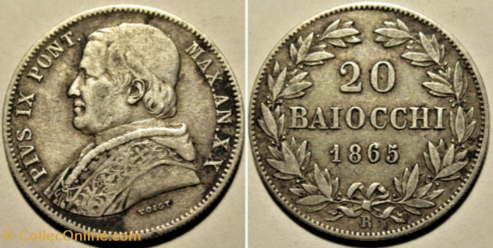 Pio IX, Papa - 20 Baiocchi 1865, Anno XX - Vaticano monnaies monde pio ix papa 20 baiocchi 1865 anno xx vaticano