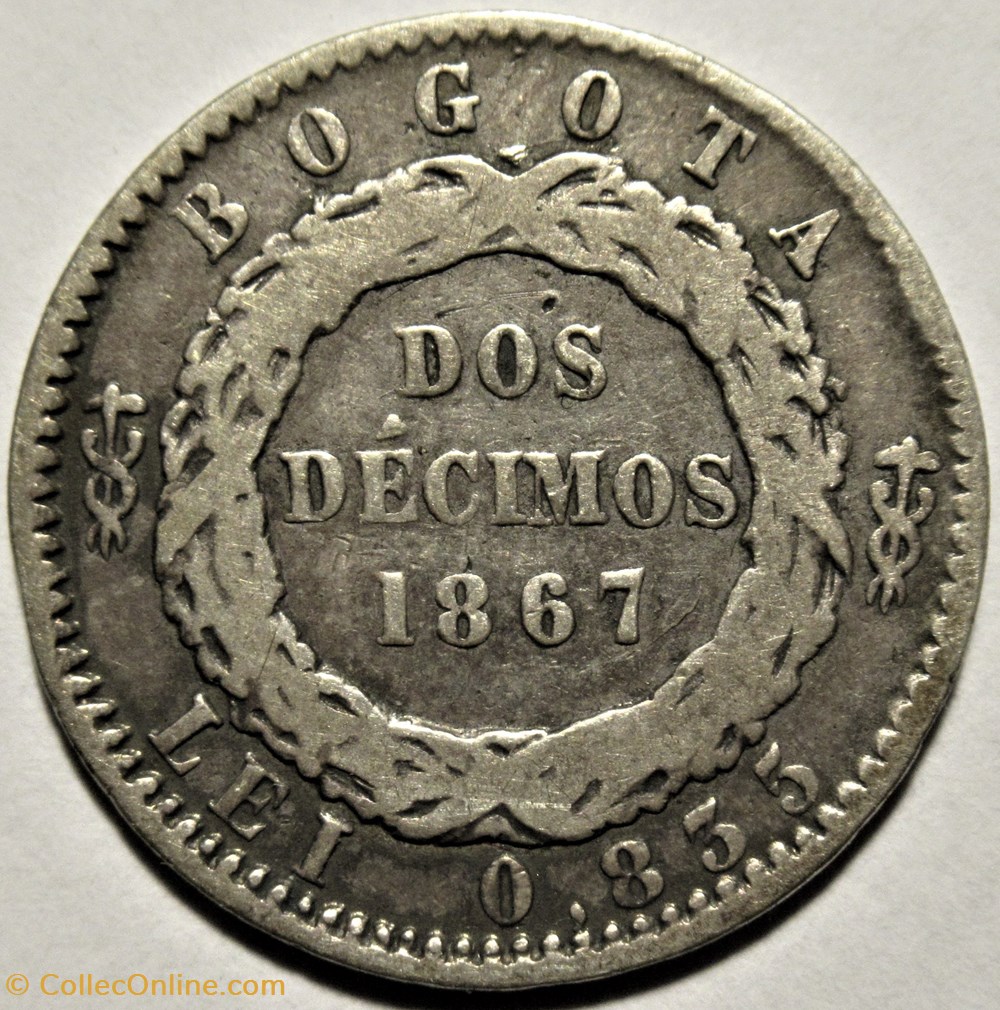 2 Decimos 1867 Bogota 3 monnaies monde colombie 2 decimos 1867 bogota