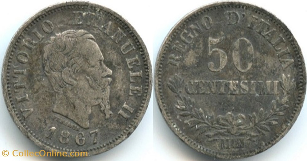 monnaies monde 1867 royaume italie 50 centesimi milano vittorio emanuele ii