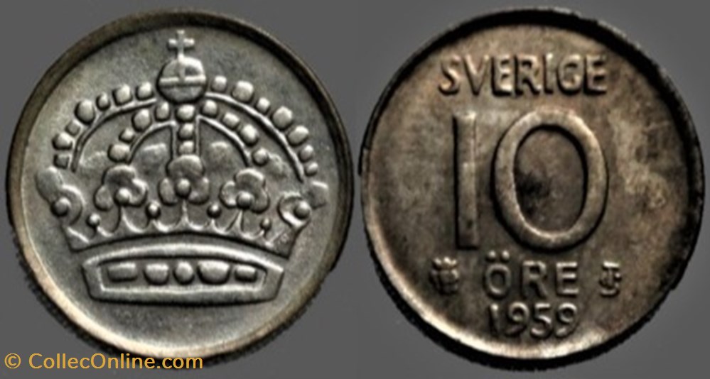 Gustaf VI Adolf of Sweden - 10 Öre 1959 monnaies monde suede gustaf vi adolf of sweden 10 ore 1959