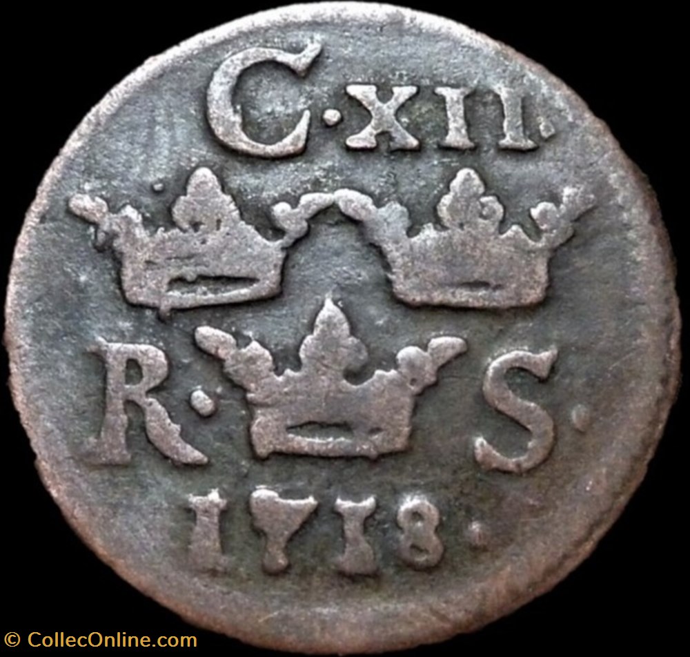 Sweden, Karl XII - 1/6 Öre 1718 - Overdate monnaies europe medievale royaume suede sweden karl xii 1 6 ore 1718 overdate