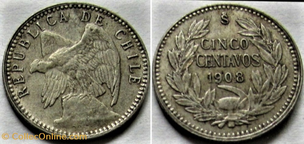 Chile - Cinco Centavos 1908 Santiago - Overdate monnaies monde chili chile cinco centavos 1908 santiago overdate
