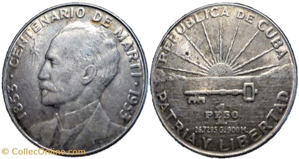 Cuba - 1 Peso 1953, José Martí 100th. Anniversary birthdate monnaies monde cuba 1 peso 1953 jose marti 100th anniversary birthdate