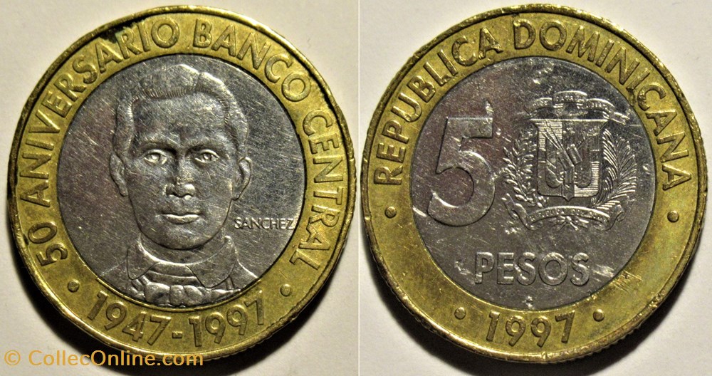 Dominican Republic - 5 Pesos 1997, 50th Anniversary of Central Bank monnaies monde dominique dominican republic 5 pesos 1997 50th anniversary of central bank