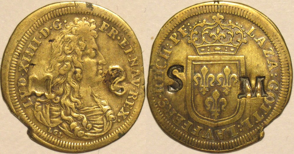 Louis XIV - c.1690, Rechenpfennig par L.G. Lauffers - Contremarque "SM" monnaies paranumismatique jetons poids louis xiv c 1690 rechenpfennig par l g lauffers contremarque sm