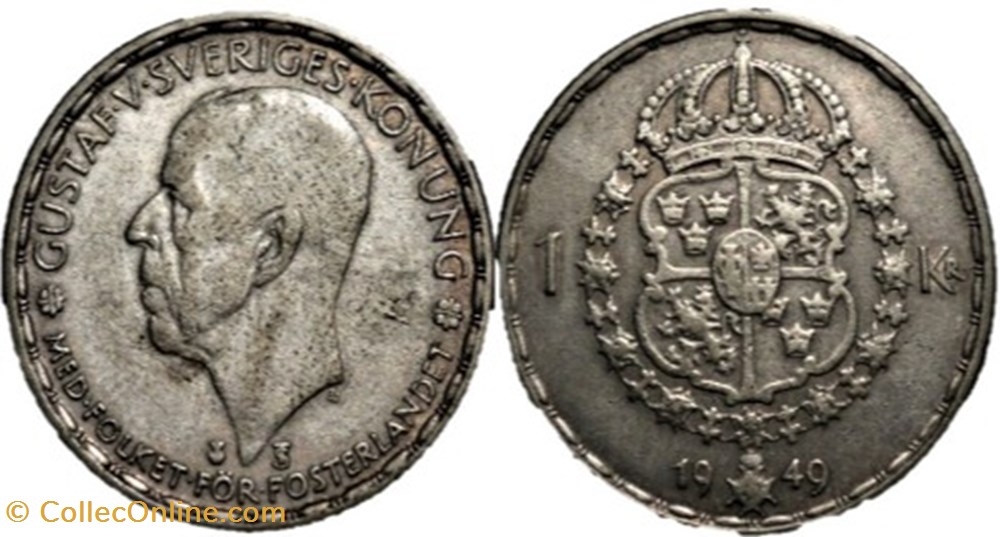 Gustaf V of Sweden - 1 Krona 1949 monnaies monde suede gustaf v of sweden 1 krona 1949