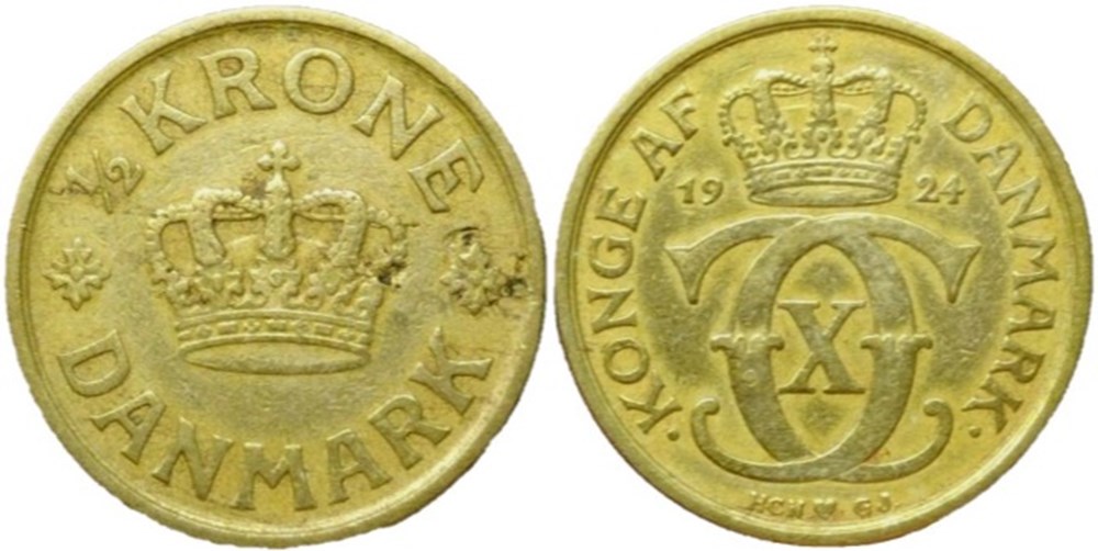 Christian X Denmark - ½ Krone 1924 monnaies monde danemark christian x denmark krone 1924