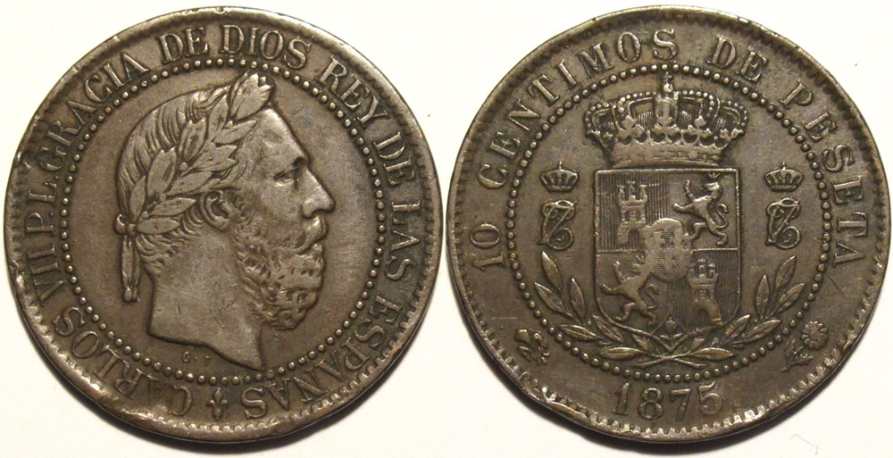 1875 - 10 Centimos - Carlos VII de España (Pretendiente Carlista) monnaies monde espagne 1875 10 centimos carlos vii de espana pretendiente carlista