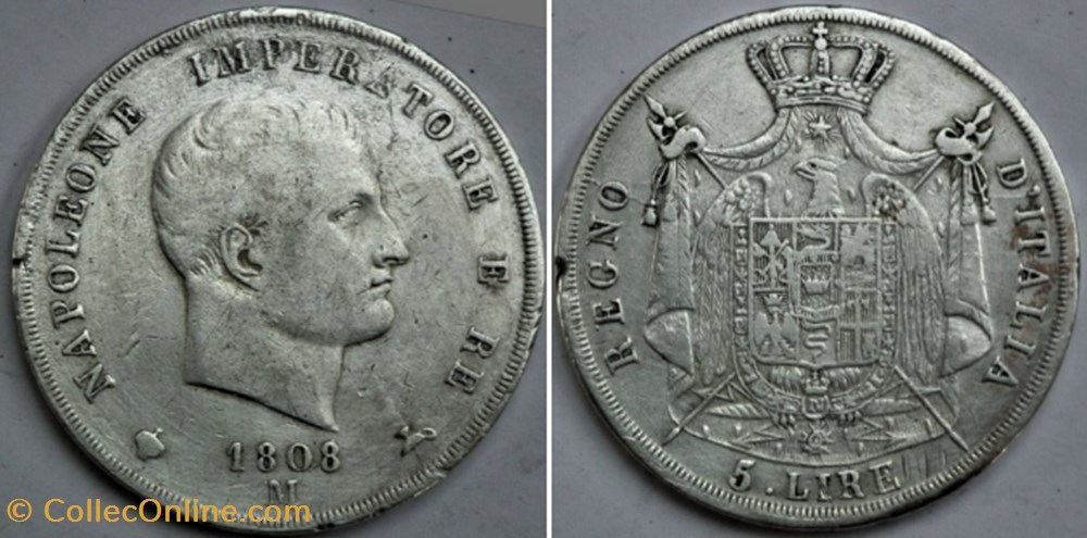 1808 Regno d'Italia, 5 Lire Milano - Napoleone I monnaies monde italie 1808 regno italia 5 lire milano napoleone i