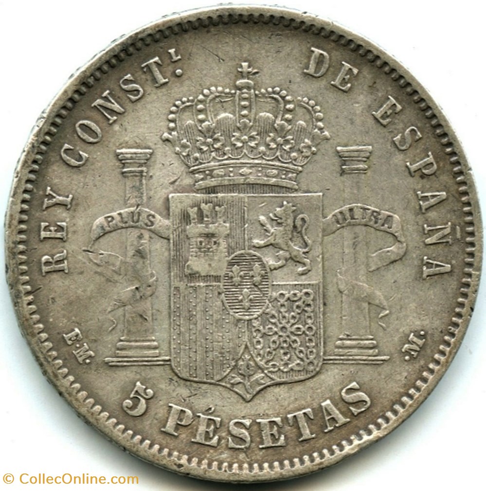 1878 - 5 Pesetas - Alfonso XII de España 3 monnaies monde espagne 1878 5 pesetas alfonso xii de espana