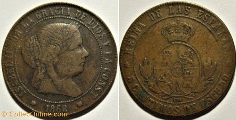monnaies monde espagne 1868 barcelona 5 centimos isabel ii de espana rippled coin