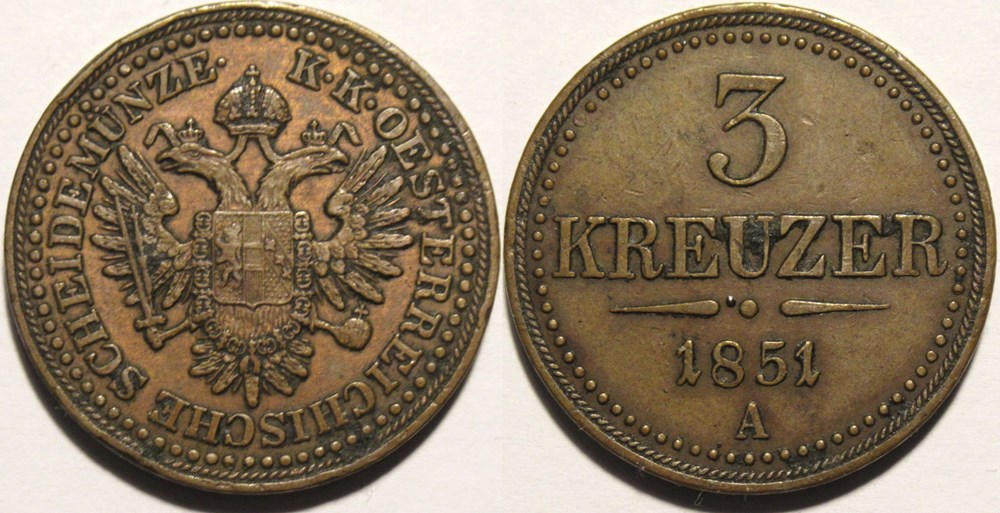 Franz Joseph I - 3 Kreuzer 1851 Vienna, Austrian Empire monnaies monde autriche franz joseph i 3 kreuzer 1851 vienna austrian empire