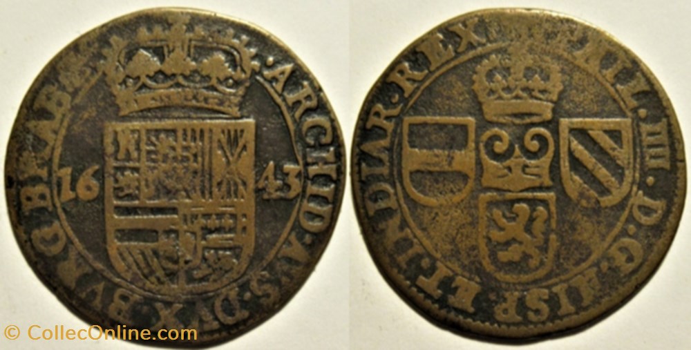 monnaies europe medievale pays bas espagnols felipe iv oord or liard 1643 bruxelles spanish netherlands