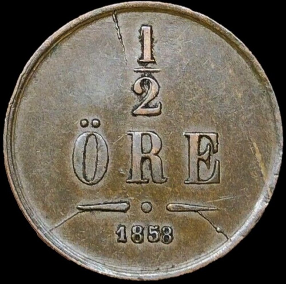 Sweden - Oscar I - 1/2 Öre 1858/7 (Overdate) monnaies monde suede sweden oscar i 1 2 ore 1858 7 overdate