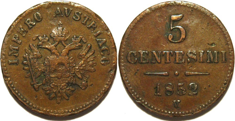 1852 Regno Lombardo-Veneto - 5 Centesimi Venezia - Franz Joseph I monnaies monde italie 1852 regno lombardo veneto 5 centesimi venezia franz joseph i