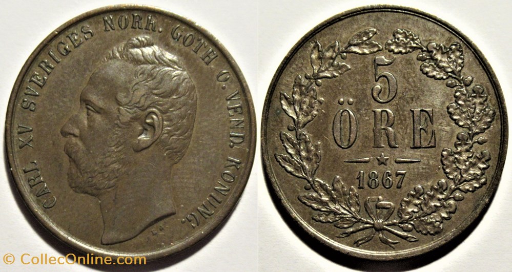 Sweden - Carl XV - 5 Öre 1867 monnaies monde suede sweden carl xv 5 ore 1867