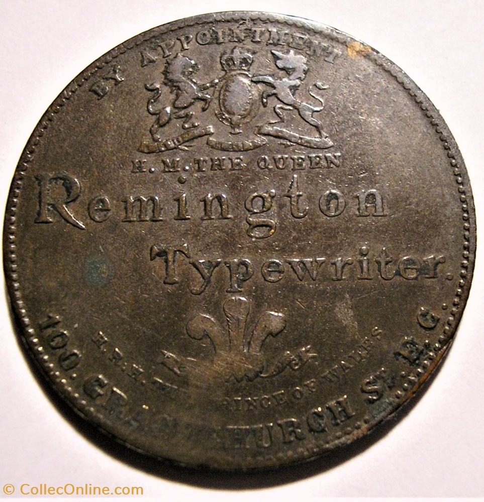 The Victoria's Family - 1896 Remington Typewriter Token - UK 3 monnaie jeton mereaux the victoris family 1896 remington typewriter token uk