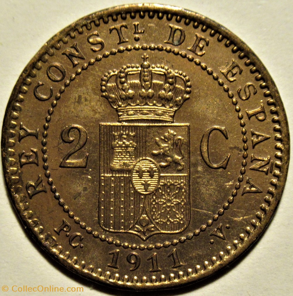 1911 - 2 Centimos - Alfonso XIII de España 3 monnaies monde espagne 1911 2 centimos alfonso xiii de espana