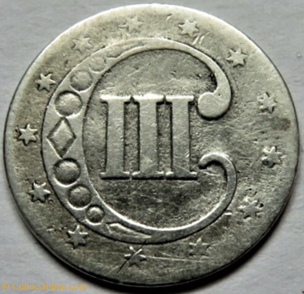1853 - Silver Three Cents 4 monnaies monde etats unis 1853 silver three cents
