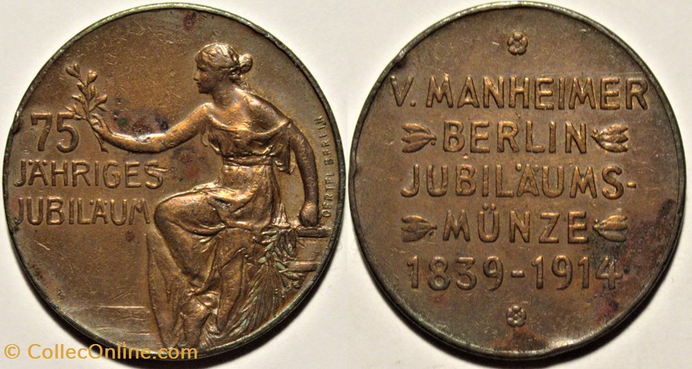 medailles allemagne empire allemand germany 1914 v manheimer jubilee medal 75th anniversary