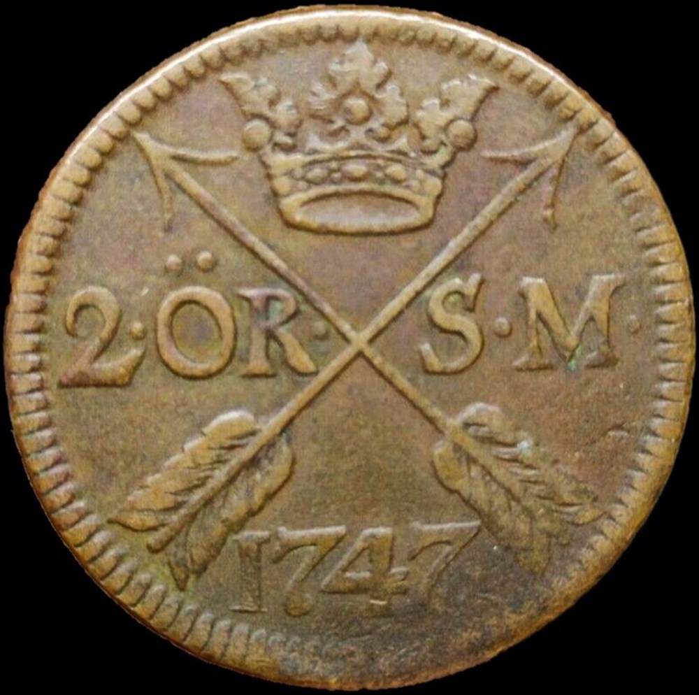 Sweden, King Fredrik I - 2 Öre 1747 Avesta monnaies europe medievale royaume suede sweden king fredrik i 2 ore 1747 avesta