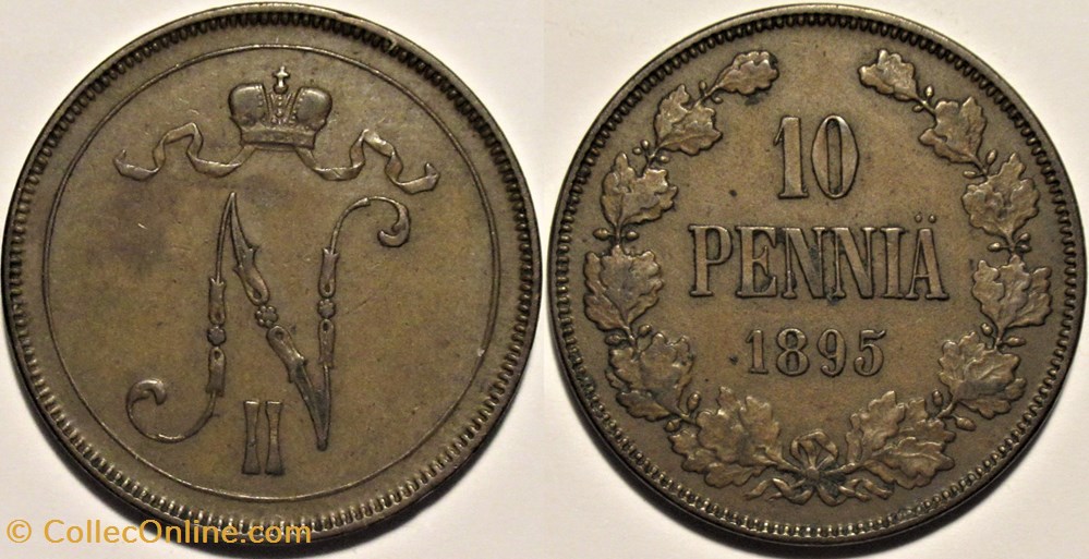 Nicholas II of Russia - 10 Penniä 1895, Grand Duchy of Finland monnaies monde finlande nicholas ii of russia 10 pennia 1895 grand duchy of finland