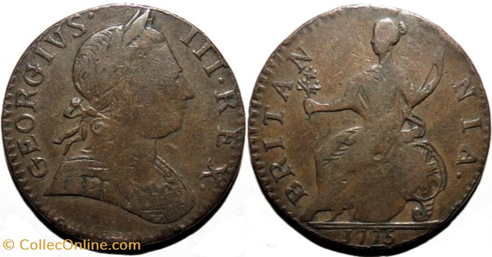 1775 Half Penny No Regal - George III of Great Britain (ex.18) monnaies monde etats unis 1775 half penny no regal george iii of great britain ex 18