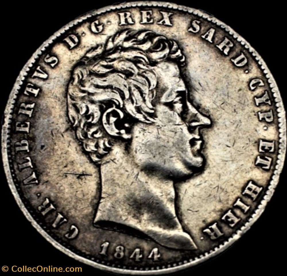1844 Regno di Sardegna - 5 Lire, Torino - Carlo Alberto di Savoia monnaies monde italie 1844 regno di sardegna 5 lire torino carlo alberto di savoia