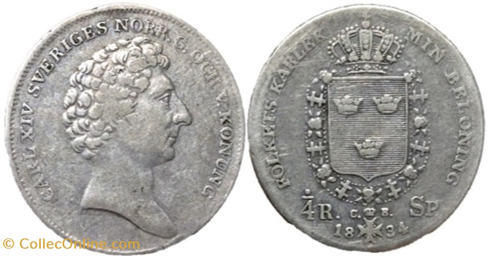 Sweden - Karl XIV Johan - ¼ Riksdaler Specie 1834 - Overdate monnaies monde suede sweden karl xiv johan riksdaler specie 1834 overdate