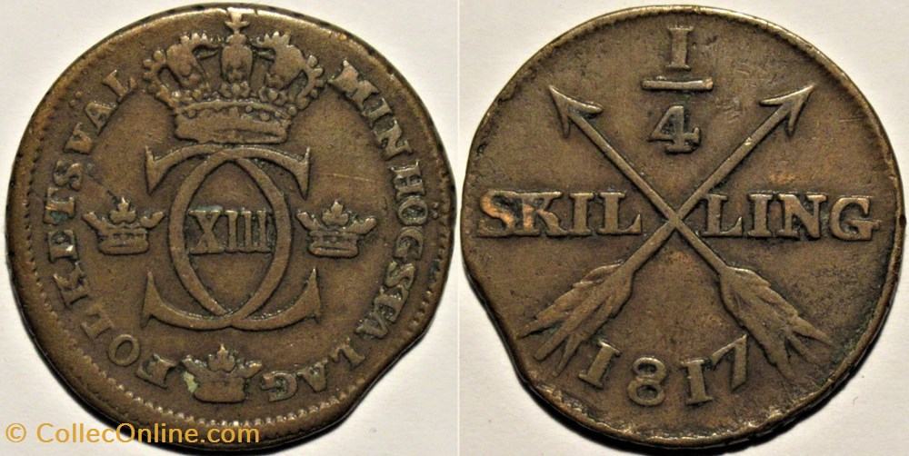 Sweden - Karl XIII - 1/4 Skilling 1817 monnaies monde suede sweden karl xiii 1 4 skilling 1817