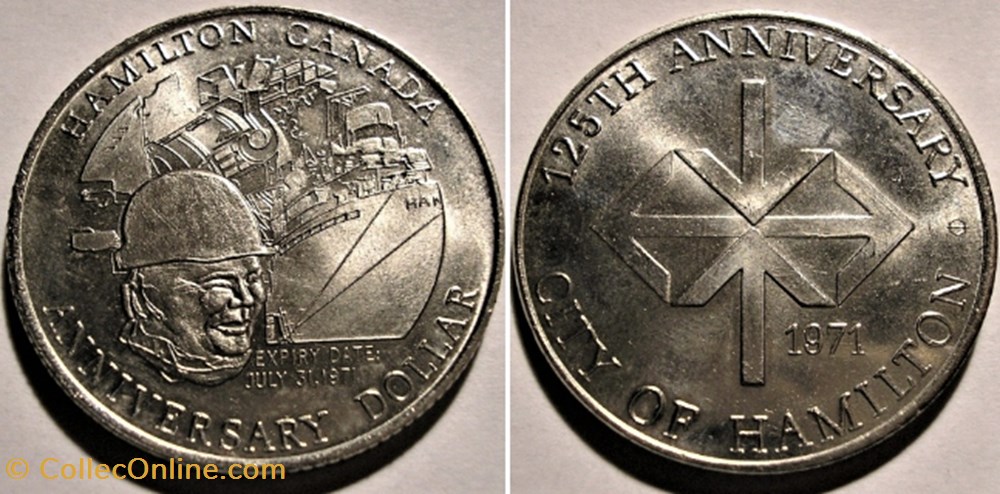 Hamilton, Ontario - Anniversary 125th. Dollar 1971 monnaie jeton mereaux hamilton ontario anniversary 125th dollar 1971