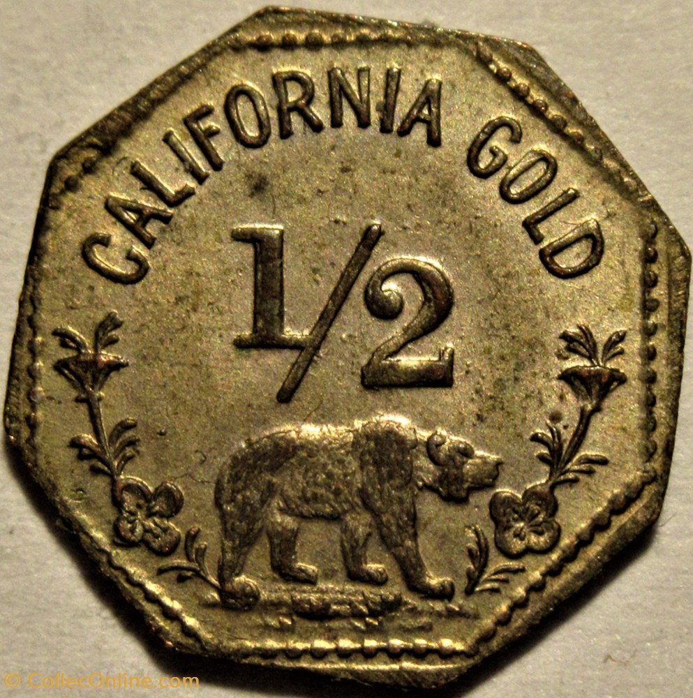 "California Gold" Half Dollar 1856 - Octagonal Token Indian & Bear 3 monnaies jetons mereaux california gold half dollar 1856 octagonal token indian bear