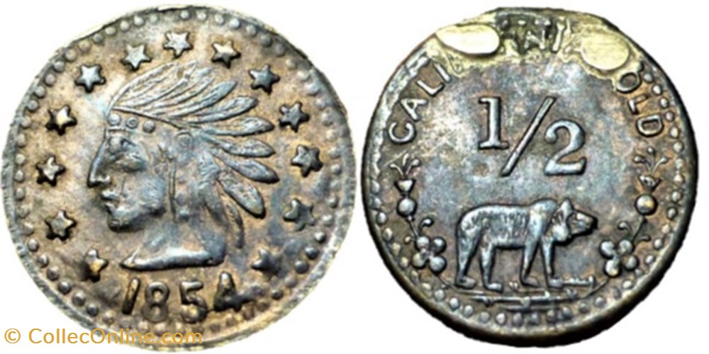 California Gold Half Dollar 1854 - Token Indian & Bear monnaies paranumismatique jetons poids california gold half dollar 1854 token indian bear