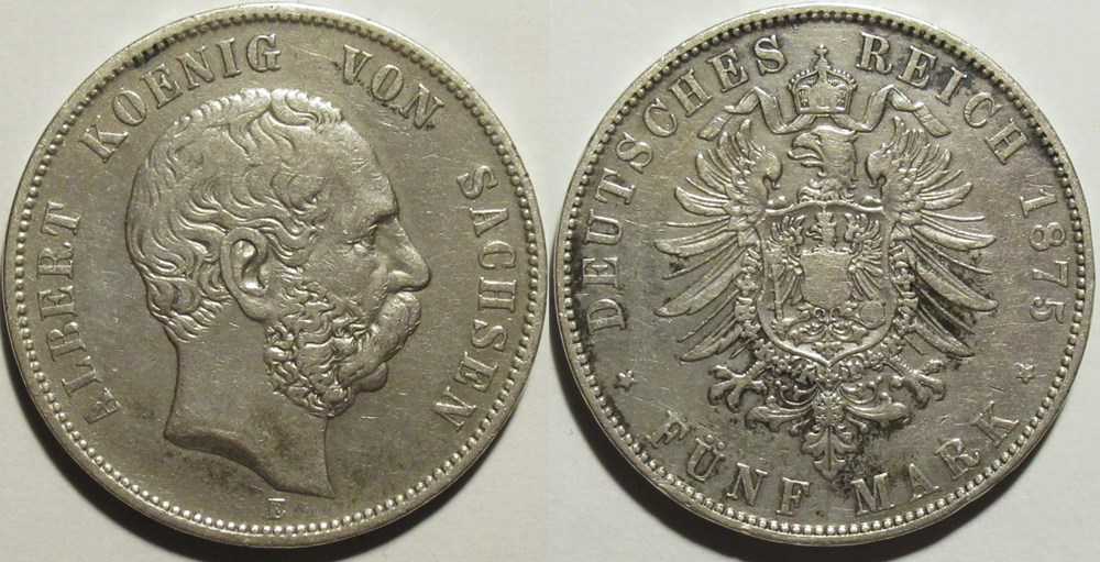 Albert I - 5 Mark 1875, Kingdom of Saxony monnaies europe medievale saint empire romain germanique albert i 5 mark 1875 kingdom of saxony