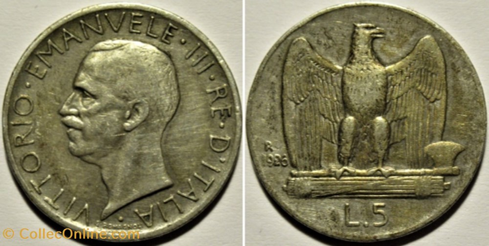 1926 Regno d'Italia, 5 Lire, Roma - Vittorio Emanuele III monnaies monde italie 1926 regno italia 5 lire roma vittorio emanuele iii