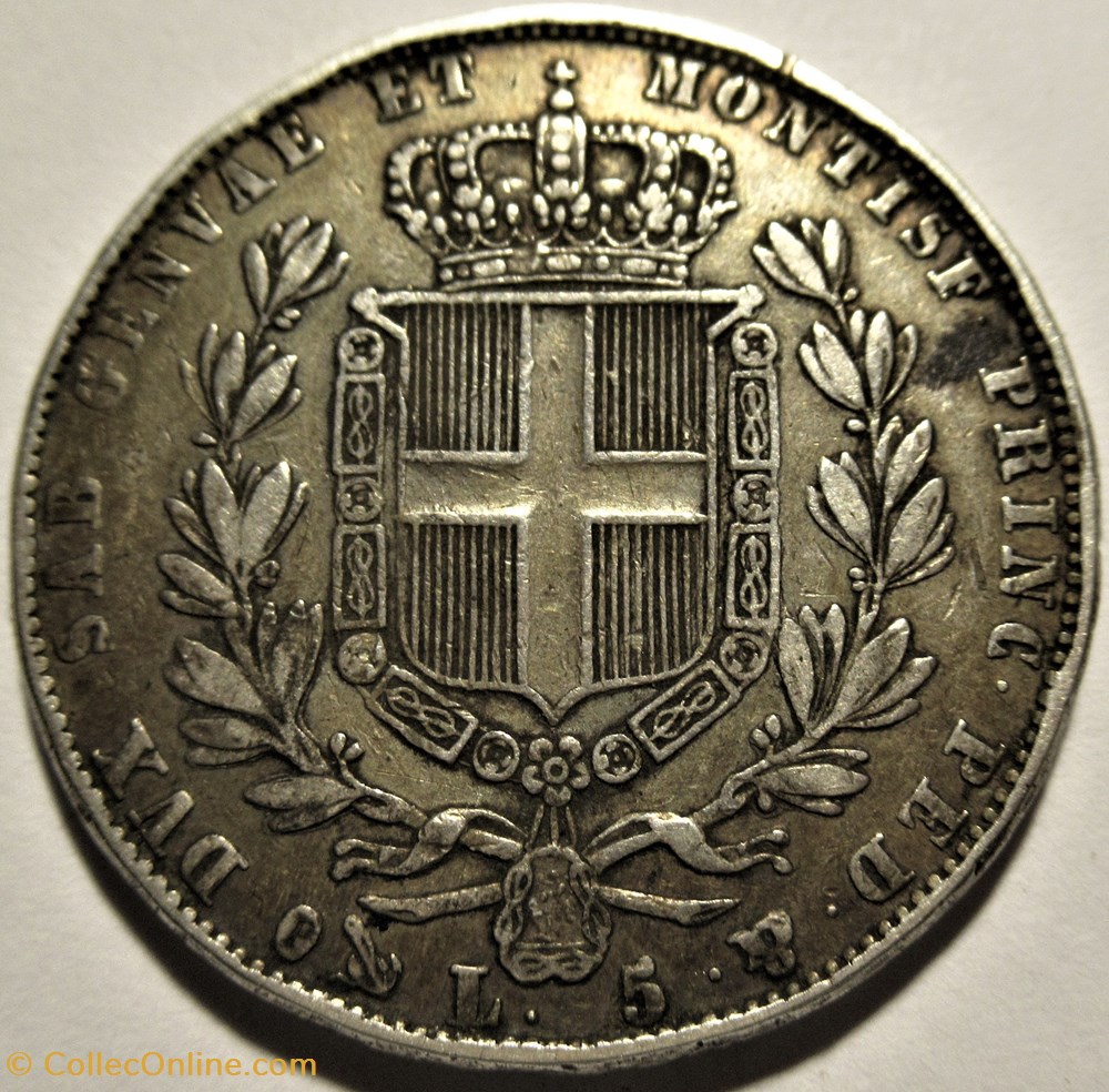 1849 Regno di Sardegna - 5 Lire, Genova - Carlo Alberto di Savoia 3 monnaies monde italie 1849 regno di sardegna 5 lire genova carlo alberto di savoia