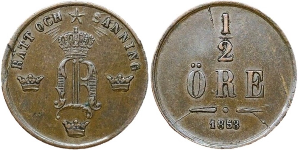 Sweden - Oscar I - 1/2 Öre 1858/7 (Overdate) monnaies monde suede sweden oscar i 1 2 ore 1858 7 overdate