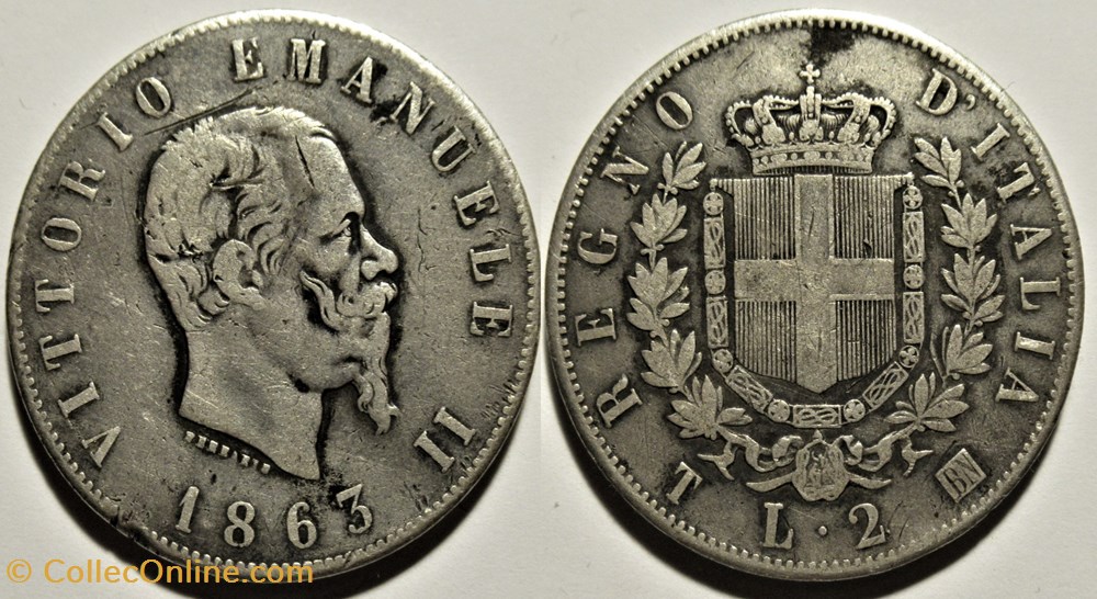 1863 Regno d'Italia, 2 Lire, Torino- Vittorio Emanuele II monnaies monde italie 1863 regno italia 2 lire torino vittorio emanuele ii