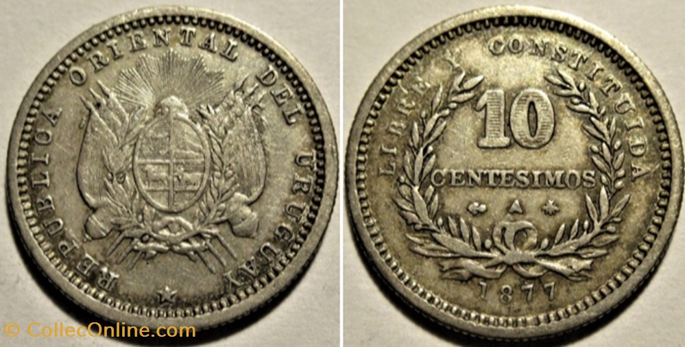 Uruguay - 10 Centesimos 1877 A monnaies monde uruguay 10 centesimos 1877 a